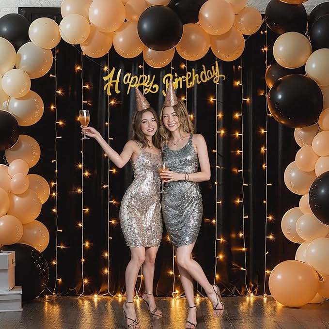 Black Backdrop Curtain with Lights String for Parties,10x10FT Wrinkle Free Black Drapes Wedding Photo Backdrop Curtains for Baby Shower Birthday Ceremony Reception Home Party Decorations