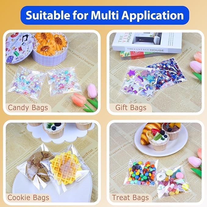 PigPotParty 4''x 4" Clear Plastic Cellophane Bags, 200 Pcs Small Self Sealing Cookie Bags for Gift, Party favor, Greeting Card,Candy, Treat, Goodies, Snack, Self Adhesive Resealable