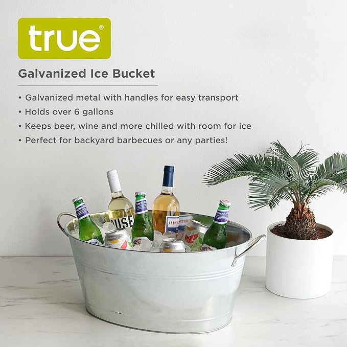 True Galvanized Tub, Large Ice Buckets for Parties, Beverage Cooler for Beer, Wine, Soda, Bottled Water, Rustic Beverage Tub, Drink Bucket for Indoor & Outdoor Party, 6.3 Gal (23.8 Liters), Set of 1