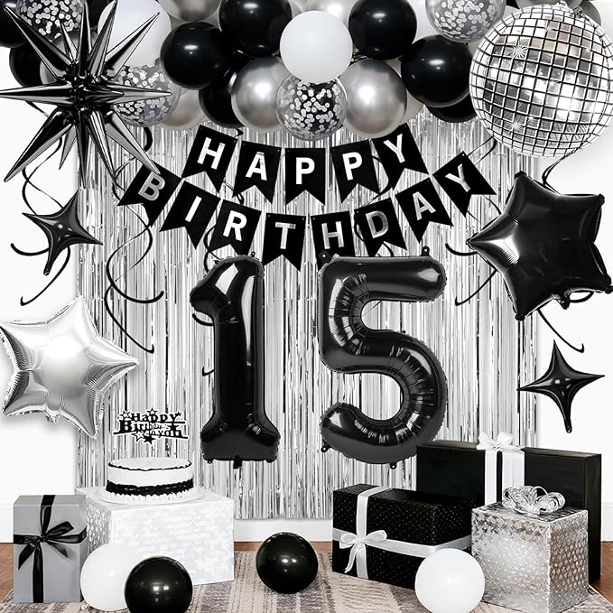 15th Birthday Decorations for Boys Girls, Black Silver Happy Birthday Party Decorations， 15 Year Old Party Supplies with Number 15 Balloons, Banner, Fringe Curtains Kit