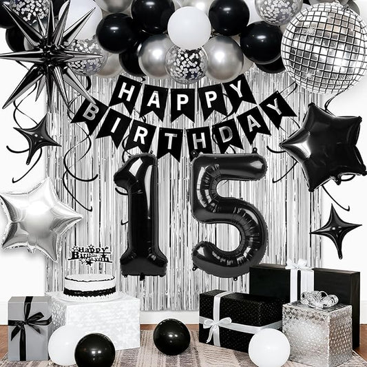 15th Birthday Decorations for Boys Girls, Black Silver Happy Birthday Party Decorations， 15 Year Old Party Supplies with Number 15 Balloons, Banner, Fringe Curtains Kit