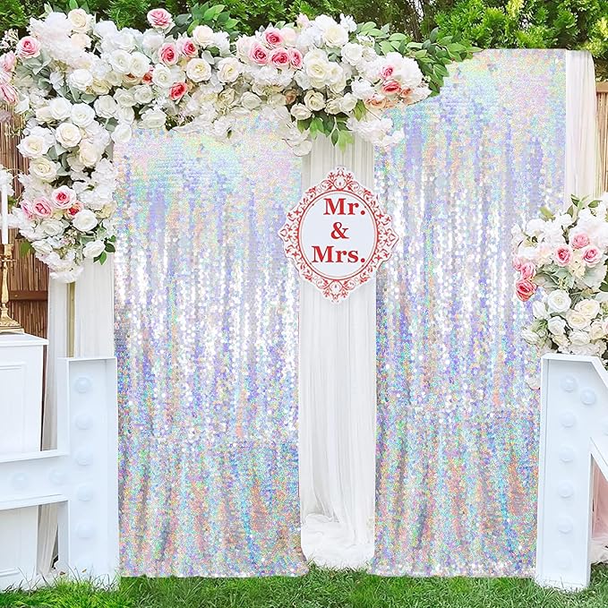 JYFLZQ Iridescent Silver Payette Sequin Backdrop Curtains 8ft x 8ft 1 Panel Glitter Thick Shimmer Backdrop Background Photo Booth Backdrops for Parties
