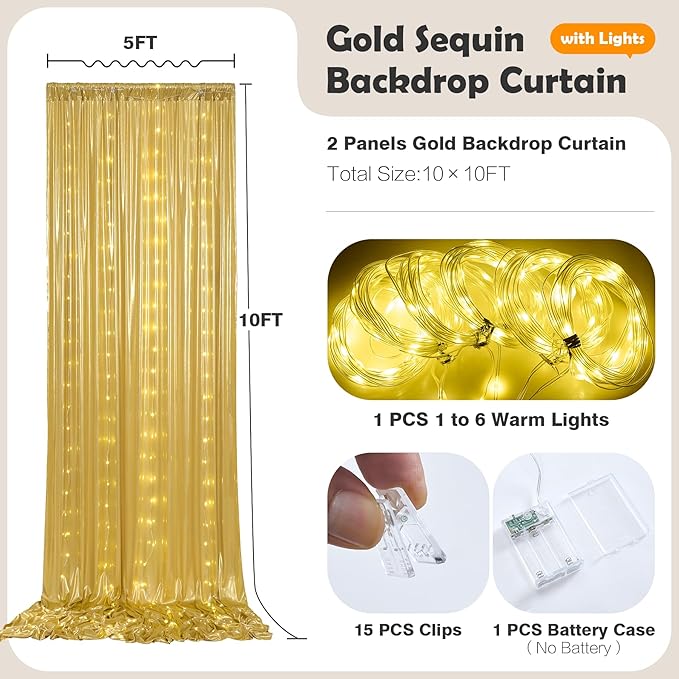 10x10 Gold Sequin Backdrop Curtain with Lights-Wrinkle Free Thick Glitter Backdrop Drapes for Wedding Parties Events Halloween Decor-2 Panels 5×10ft Shimmer Photo Booth Background for Photography