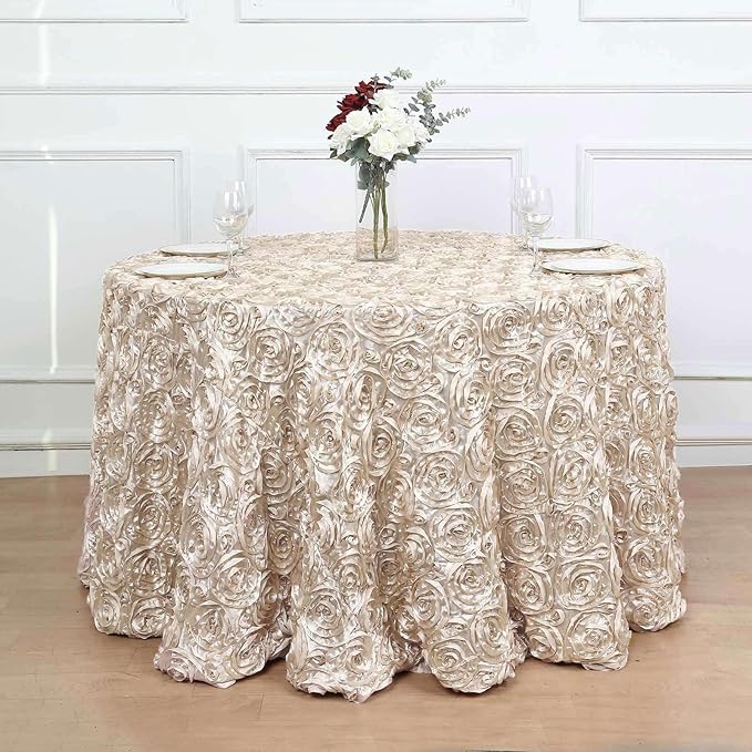 Efavormart 120" Beige Grandiose 3D Rosette Satin Round Tablecloth for Wedding Party Event Decoration