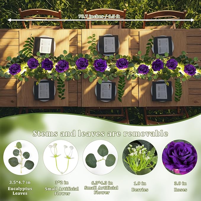 MACTING 6.6FT Flower Garland with Lights - Spring Gypsophila Eucalyptus Garland with 12 Purple Roses Artificial Floral Greenery Vine for Arch Table Centerpieces Backdrop Party Home Wedding Decor