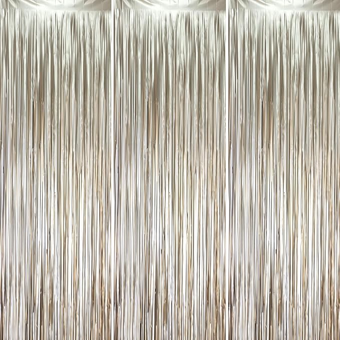 3 Pack 3.3 x 8.2 ft Matte Champagne Foil Fringe Backdrop Curtains, Gold Tinsel Streamers Party Decorations, Fringe Backdrop, Door Shimmer for Graduation, New Years Eve, Birthday Party