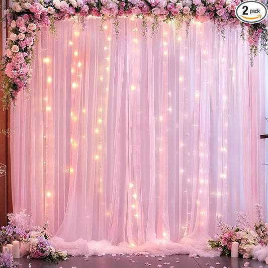 10ft x 10ft Pink Tulle Photo Backdrop Curtain with Lights String for Parties Wedding Sheer Baby Pink Curtain Backdrop for Birthday Party Baby Shower Photo Booth Photography Background Decorations