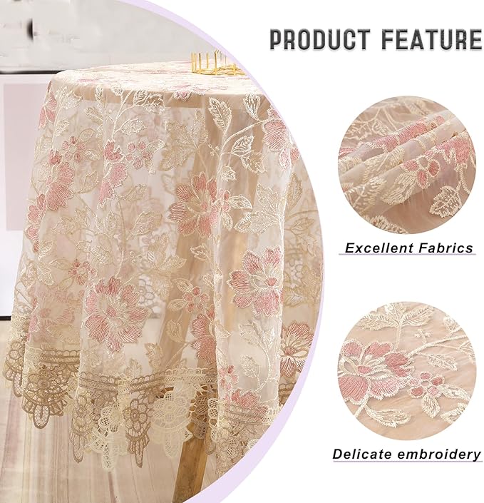 Round Embroidered Lace Tablecloth Vintage Decorative Exquisite Border Table Cover for Party Wedding Home Decorations, Round-70, Pink