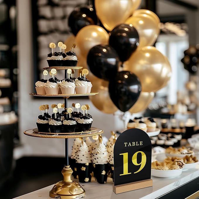 Wedding Table Numbers 1-20, Acrylic Arch Signs with Natural Wood Stands Holders, Rustic Table Decor for Reception & Parties (Black Gold)