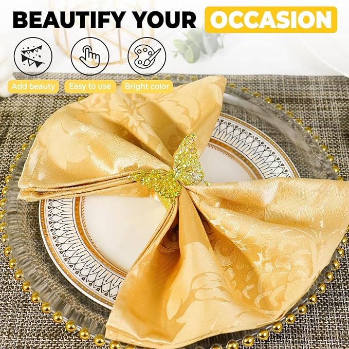 100 Pcs 3D Gold Butterfly Iridescent Napkin Rings Silverware Wraps Bands,Table Setup Sequined Wedding Valentines Day Event Party Supply Settings, Glossy Serviette Buckles Decoration(Gold)