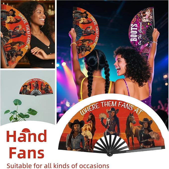 Where Them Fans at Folding Fans for Line Dancing, Boots On The Ground, Line Dance Popping Fan, Western Clack Fan for Dance, Party, Decoration, 13In