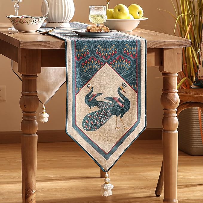 Vintage Blue Peacock Table Runner for Coffee Table,Decorative Linen 71 Inches Long Table Runners,Decor Tabletop for Kitchen,Dining,Tea Party,Home,Christmas,12"*71"