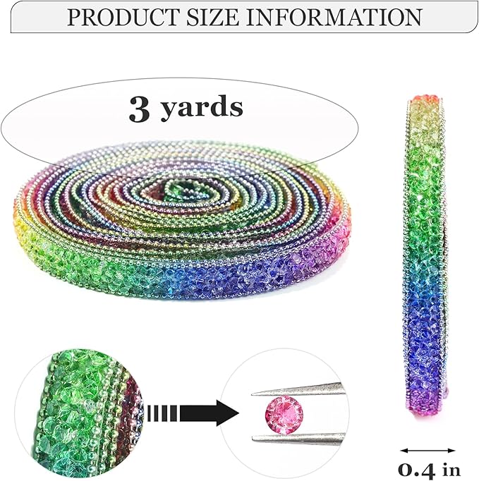 Rhinestone Ribbon 3 Yards Self Adhesive Rhinestone Strips Diamond Ribbon Sticker Crystal Roll Glitter Bling Rhinestones Tape for Crafting DIY Art Decoration (Rainbow,0.4 Inch)