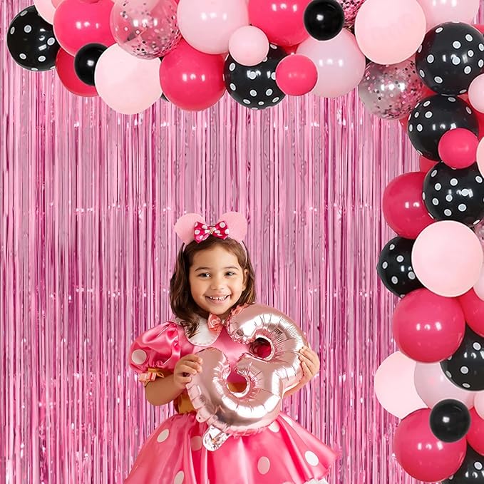 Pink Streamers - Thicken 4 Pack 3.2 x 8.2 FT - Pink Tinsel Foil Fringe Curtains, Photo Booth Props Backdrops for Birthday, Bachelorette, Graduation, Baby Shower Party Decorations