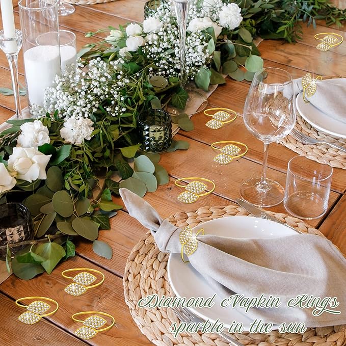 Hotop 200 Pcs Napkin Rings Gold Table Decorations, Elegant Bling Leaves Napkin Rings, Rhinestone Guest Towels Buckle for Wedding Gold Party, Thanksgiving Christmas Dinner Banquet Table Decoration
