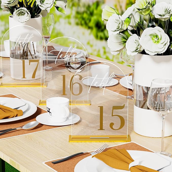 Arch Wedding Table Numbers 1-20 with Stands, Elegant Gold Number 5.5 x 7” Arch Acrylic Signs with Holder, Clear Acrylic Table Numbers for Wedding Reception, Anniversary, Party, Events