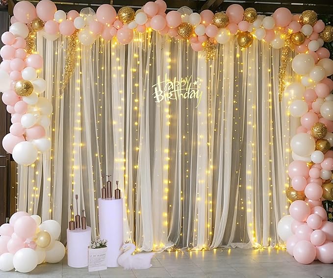 Champagne Tulle Photo Backdrop Curtain with Lights String for Parties Wedding Bridal Shower Sheer Champagne Curtain Backdrop for Birthday Baby Shower Photo Booth Photography 10ft x 8ft