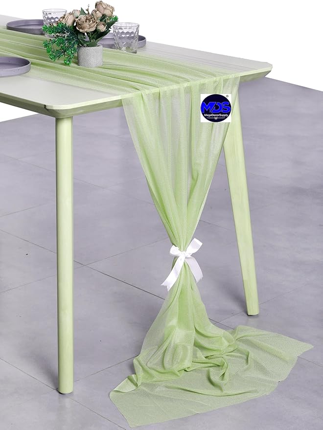 MDS 2 Pack 10ft Chiffon Table Runner 29 x 120 Inches Sheer Wedding Runner Romantic Rustic Table Runner for Wedding Decorations, Birthday Parties, Bridal Shower Party Arch Decor - Sage Green