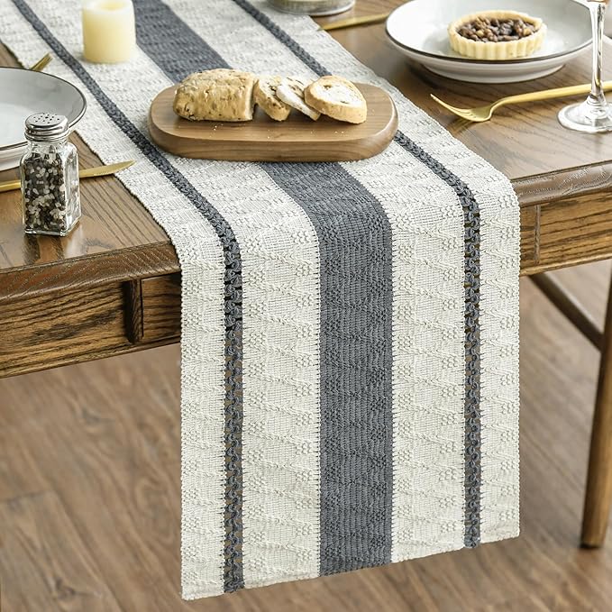 Artoid Mode Dark Grey Farmhouse Woven Rustic Table Runner, Seasonal Holiday Hollow Kitchen Dining Table Decoration for Home Party Decor 12x108 Inch