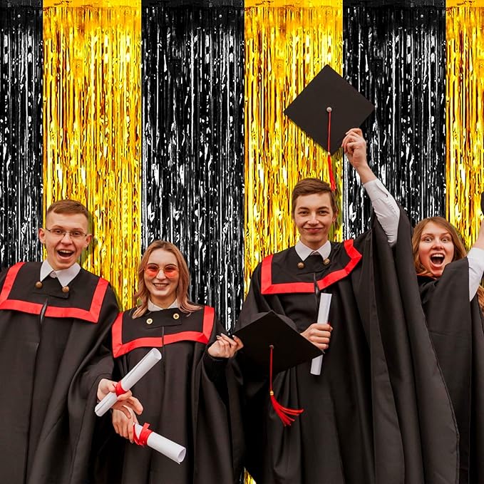 4 Pack Black Gold Foil Fringe Curtain Backdrop, 3.28Ft x 8.2Ft Metallic Tinsel Foil Fringe Streamers Curtains for Photo Booth, Wedding, Graduation, Birthday, Carnival Party Decoration