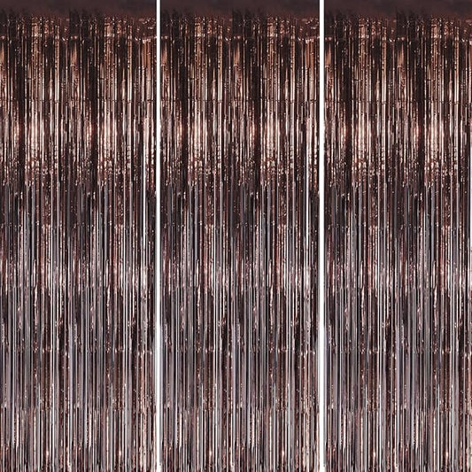 3 Pack Foil Fringe Backdrop - Brown Shiny Tinsel Curtains for Party Decoration/Photo Booth Props - 3.3x8.2 FT Metallic Foil Backdrop for Birthday, Wedding, Graduation, Christmas.