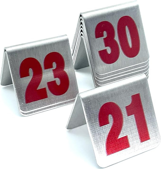 10 Pcs Metal Place Cards Stackable Tent Style Table Numbers，Place Card Holders for Celebration Wedding Party Restaurants Cafes Bars Gatherings meeting Room Board Game Serial (Small 21-30, Red)