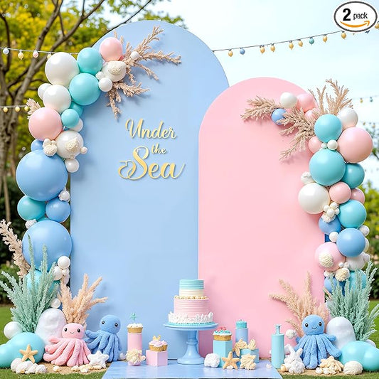 7.2FT 6FT Arch Backdrop Cover for Wedding, Set of 2 Stretchy Spandex Fitted Arch Stand Cover for Baby Shower, Birthday Party Decor, Chiara Backdrop Cover with Double-Sided Design(Pink, Blue)