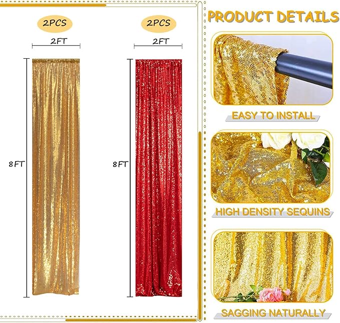 Sequin Backdrop Curtain 4 Panels 2FTx8FT Glitter Background Drapes Sparkle Photography Backdrop for Party Wedding Birthday Wall Decoration (Red× 2 and Gold×2)