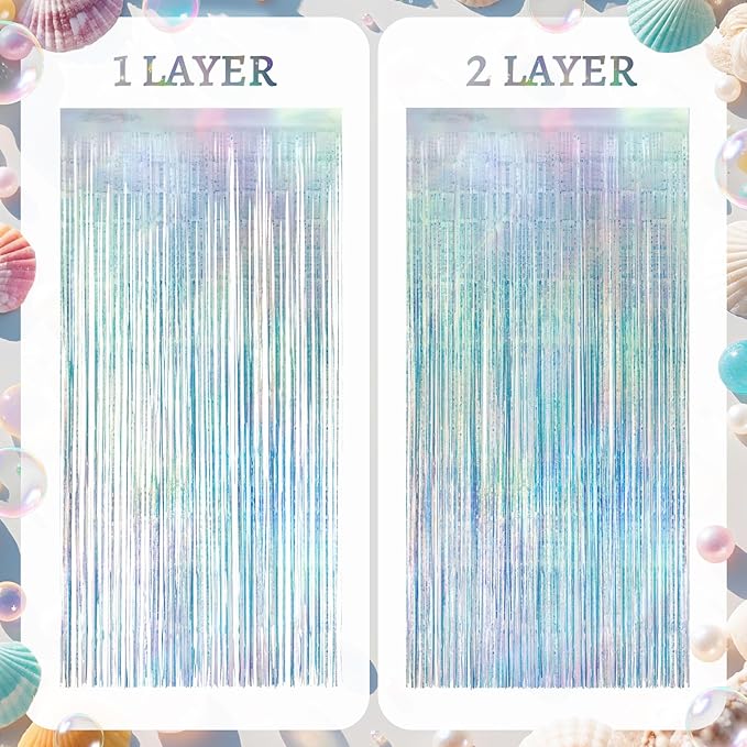 2 Pack Iridescence Party Streamers Backdrop Curtains, 3.3x8.2ft Holographic Tinsel Foil Curtain Photo Booth Props for Birthday, Wedding, Holiday Celebration, Bachelorette, Theme Decorations