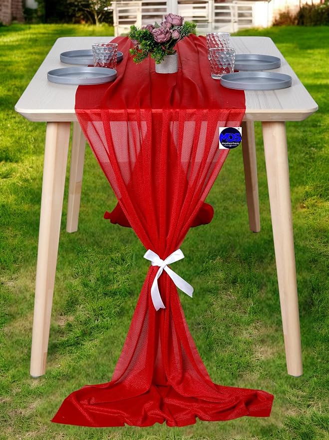 MDS Halloween Chiffon Table Runner - 15 Pack, 29 x 120 Inches, 10ft Each - Sheer Spooky Table Runners for Haunted House Parties, Trick-or-Treat Tables, Witchy Décor, Wedding & Events - Red