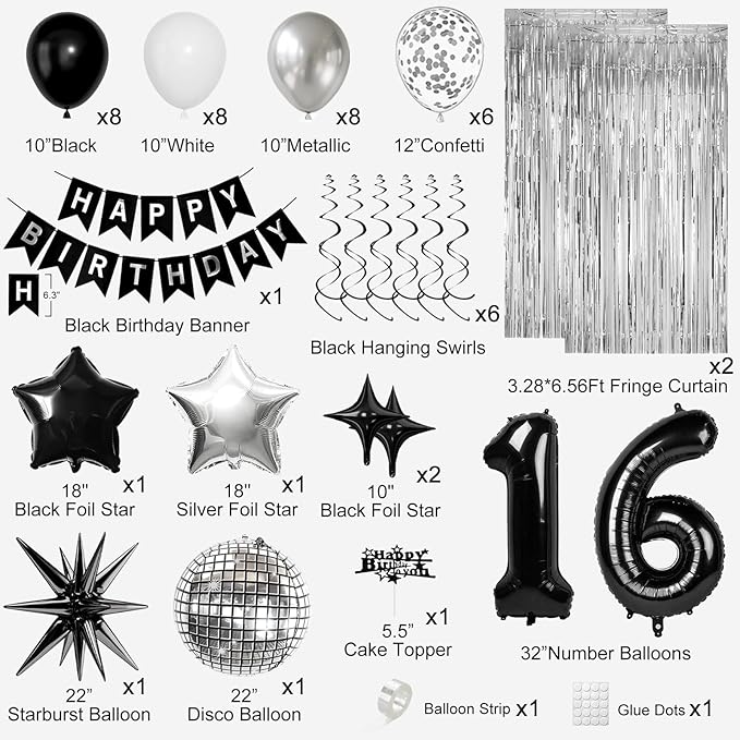 16th Birthday Decorations for Boys Girls, Black Silver Happy Birthday Party Decorations， 16 Year Old Party Supplies with Number 16 Balloons, Banner, Fringe Curtains Kit