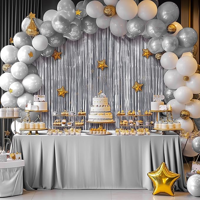 2 Pack Metallic Silver Fringe Backdrop, 3.2x8.2ft Shining Foil Tinsel Curtains, Birthday Party Decorations Door Streamers for Halloween, Christmas, Wedding, Graduation, Holiday, Theme Events
