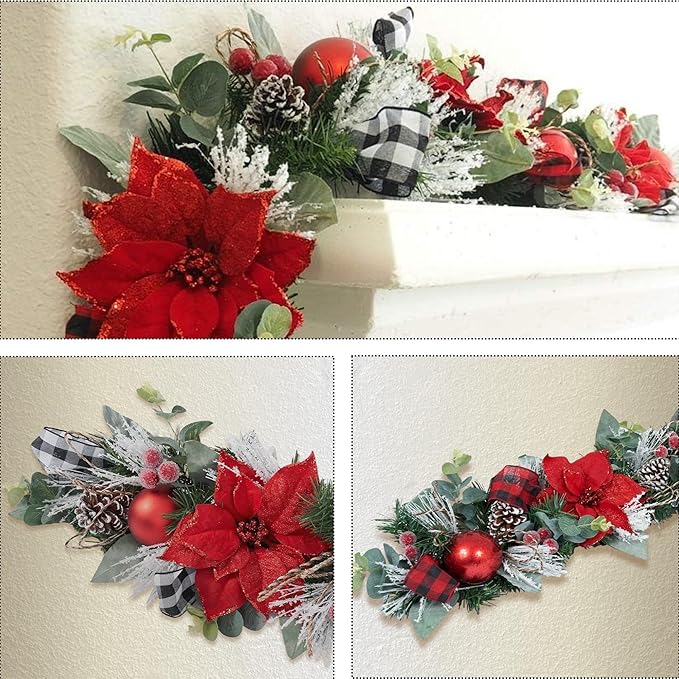 5 ft Christmas Garland for Mantle Unlit Garland for Stairs Railing, Banister, Staircase, Fireplace, for Table No Light, Garland Decor Frosted Red Poinsettia Holiday Tree (Glittery Red Poinsettia)