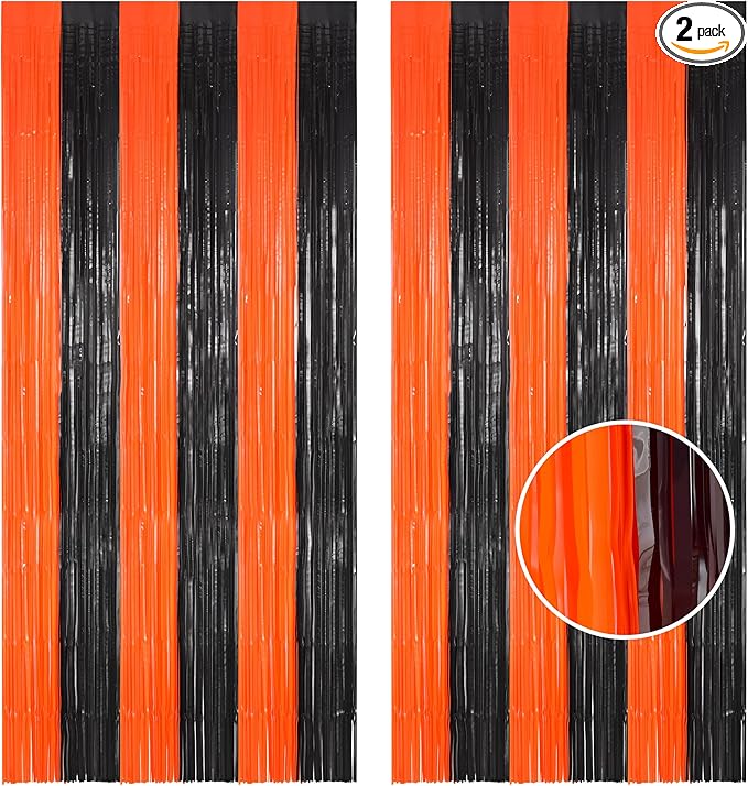 BRAVESHINE Tinsel Photo Backdrop Curtains - 2 Pack 3.2x8.2ft Black Orange Foil Fringe Streamer Curtain for Birthdays, Halloweens, Basketball, Pumpkins, Home, Indoor or Outdoor Party Decorations