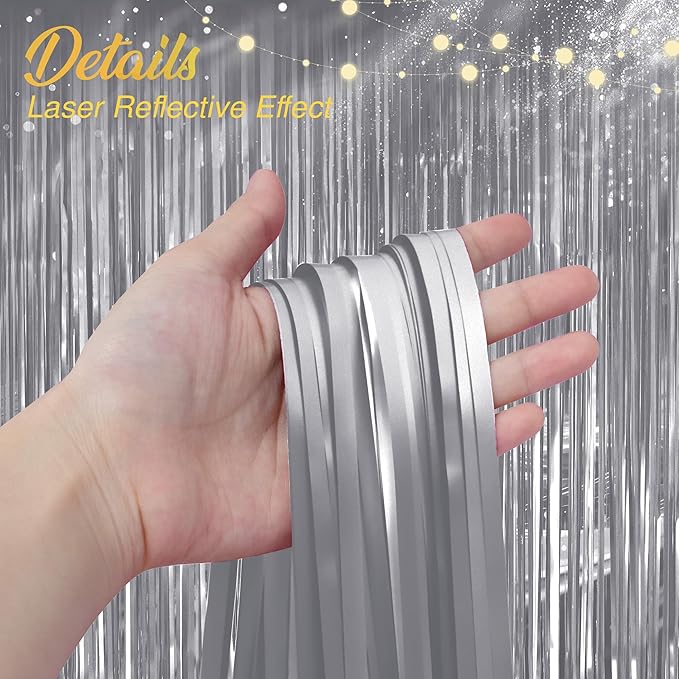 2 Pack Metallic Silver Fringe Backdrop, 3.2x8.2ft Shining Foil Tinsel Curtains, Birthday Party Decorations Door Streamers for Halloween, Christmas, Wedding, Graduation, Holiday, Theme Events