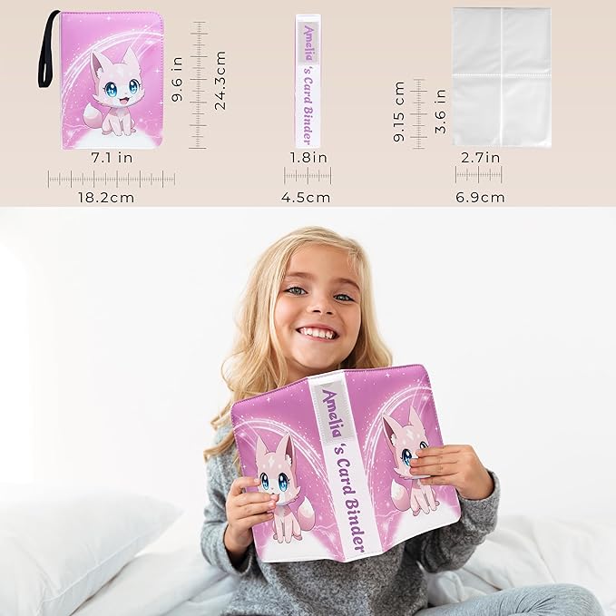 Cute Pink Trading Card Binder 4 Pocket for Girls Gifts - Includes Name Tag & Tab Stickers for Sorting - 440 Pockets Card Binders Zipper Album Book Holder - Baseball Football Sports Tcg Card Case