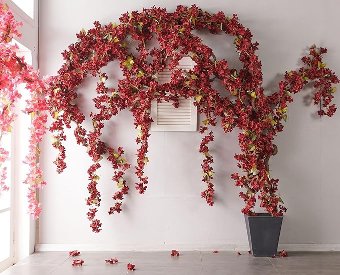 Flower Garland, Artificial Hydrangea Vine Flowers, Hanging Fake Hydrangeas Vine for Room Anniversary Wedding Birthday Christmas Wall Arch Decor, 2 Pcs, Floral Garland, Red Flower