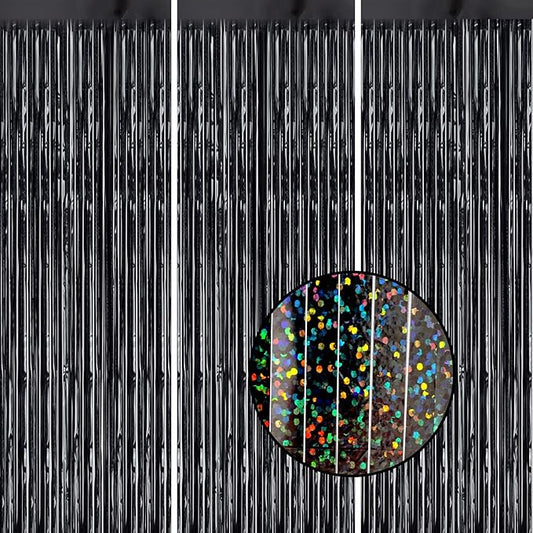 3 Pack Foil Fringe Backdrop - Laser Black Shiny Tinsel Curtains for Party Decoration/Photo Booth Props - 3.3x8.2 FT Metallic Foil Backdrop for Birthday, Wedding, Graduation, Christmas.