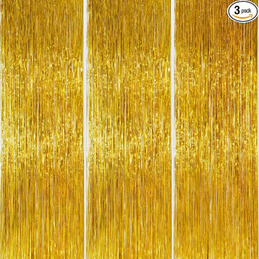 PartyWoo Gold Streamers Curtain Backdrop 3pcs Foil Fringe Curtain 8.2FT Gold Tinsel Fringe Backdrop Photo Booth for Bachelorette Baby Shower Graduation Wedding Birthday Anniversary Party Decorations
