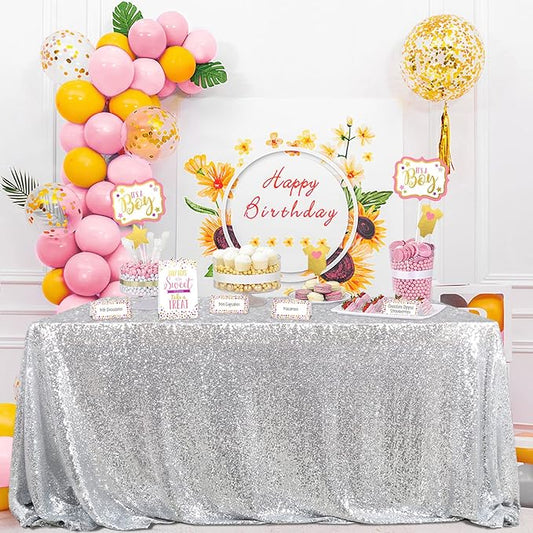 QueenDream Sequin Tablecloth 60x102 Inch Silver Tablecloth Christmas Glitter Tablecloth 6ft for Baby Shower Party Christmas Decorations