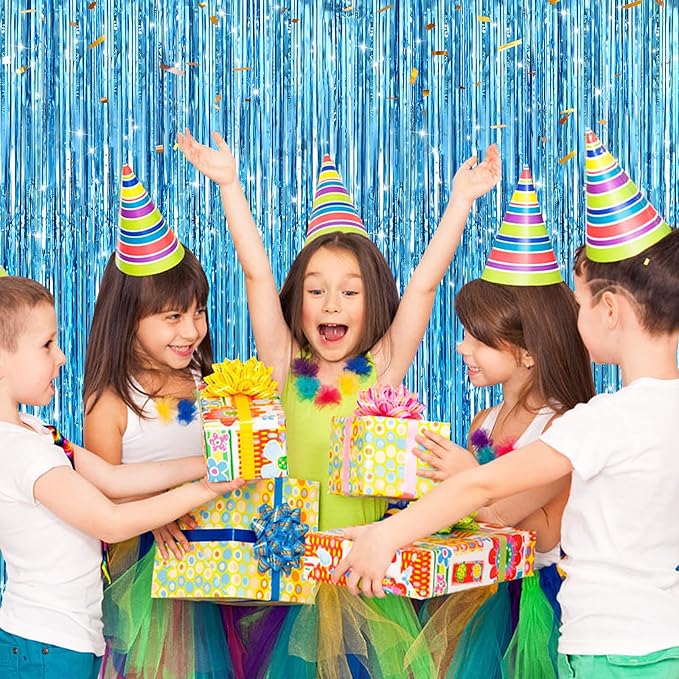 2 Pack Light Blue Metallic Tinsel Foil Fringe Curtains, Door Streamers Photo Booth Backdrop for Birthday Party, Tinsel Curtain Backdrop for Baby Shower Bachelorette Christmas Party Decorations