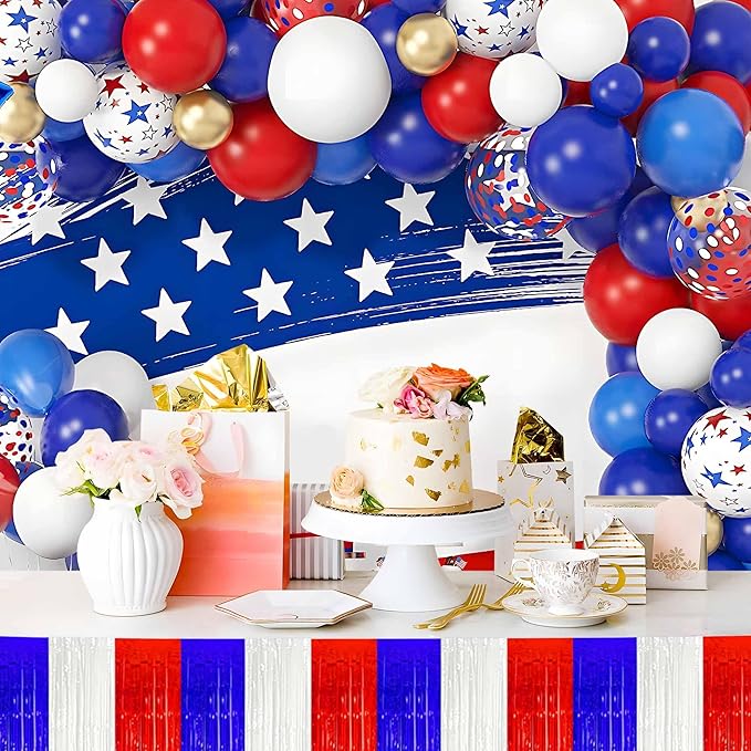4 Pack 10 Ft White Blue Red Foil Fringe Garland Metallic Streamers Tinsel Banner Wall Hanging Garland Backdrop for Parade Floats, Halloween, Christmas, Thanksgiving, New Year Party Decorations