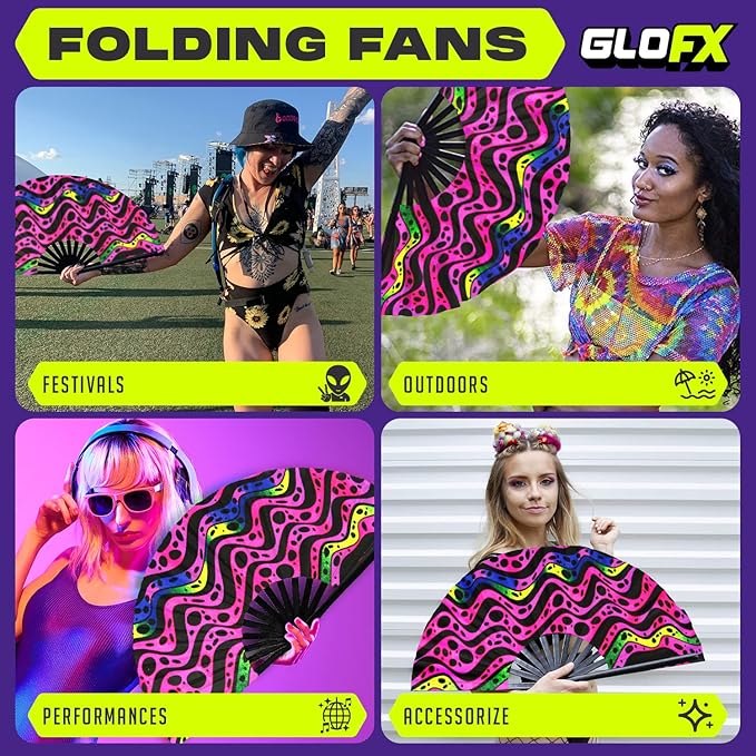 GloFX Folding Fan - Heat Wave - Large Rave Clack Folding Hand Fan for Men and Women - for EDM, Music Festival, Club, Event, Party, Dance, Performance, Decoration, Gift