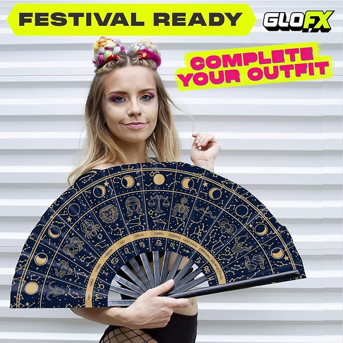GloFX Rave Fan - Zodiac Signs - Large Folding Hand Fan Astrological Signs Designs for Festival Outfits, Cosmic Events - Perfect Accessory for Astrology Enthusiasts and Stargazers
