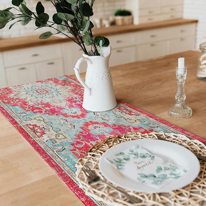 Snycler Table Runner Boho Table Runners Vintage Elegant Farmhouse Table Center Linen Decor for Home Dining Party Entrance (13x108 Inch) Boho-Pink