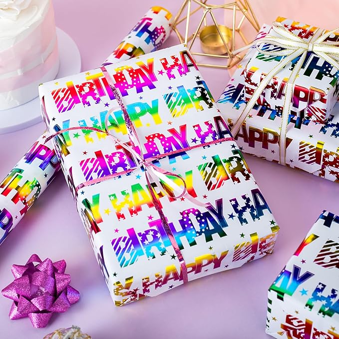 Yarcony Birthday Wrapping Paper Roll, Mini Roll Gift Wrapping Paper, Colorful Foil Girl Happy Birthday Gift Wrap Rainbow Present Paper for Boys Girls, Holiday,Party,Baby Shower(17 Inch X 16.5 Feet)