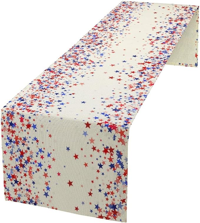 Independence Day Table Runner, 4th of July Red Blue Stars American President Day Holiday Confetti Print Table Cover for Kitchen Dining Table Indoor Outdoor Party, 13x120inch