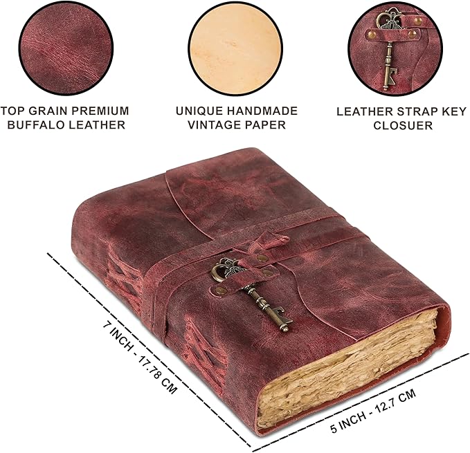 Leather Journal with Lined and Unlined Deckle Edge Paper 8x6 inch and Vintage Key | Handmade Writing Notebook Diary | Bound Daily Notepad for Men & Women Medium, Sketch/Writing pad for Artists