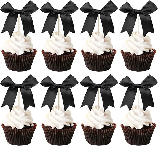 24 PCS Bow Cupcake Toppers Bowknot Cake Toppers Bow Cupcake Picks Bowknot Birthday Party Decorations Bow Cake Dessert Picks for Wedding Bridal Engagement Baby Shower Birthday Party Supplies Black