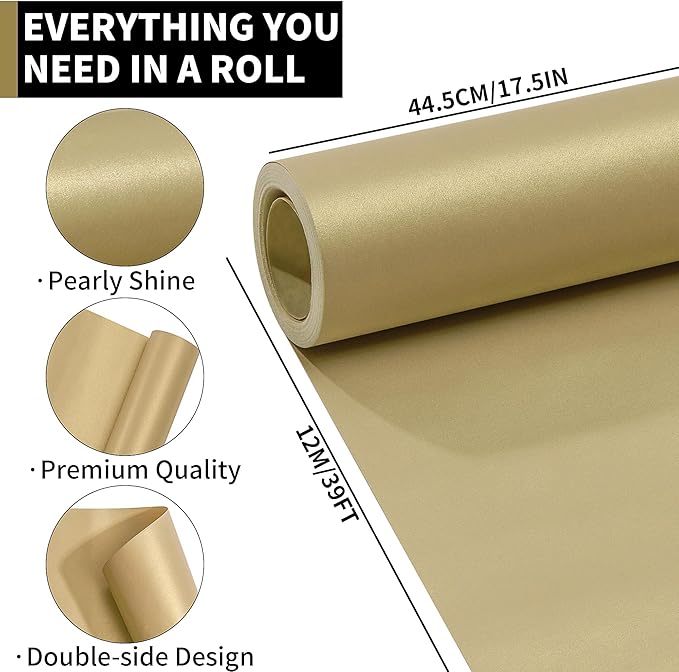 Matte Wrapping Paper Roll - Solid Color Pearly 17.3Inches X 39.4Feet Beige Gold Shimmer Gift Wrapping Paper Roll Elegant Lustre Paper for Wedding,Valentine's Day,Birthday, Christmas PAP11BG